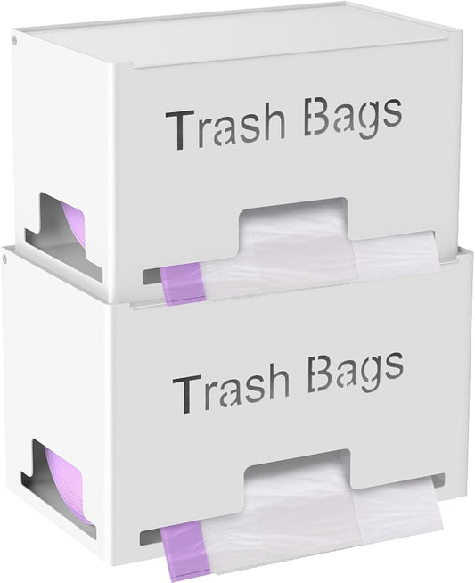 2-Pack Trash Bag Holder Dispenser, Stackable Garbage Bag Dispenser, Extra Large Trash Organizer for Kitchen Laundry Under Sink, Wall Mounted or Freestanding, Metal White