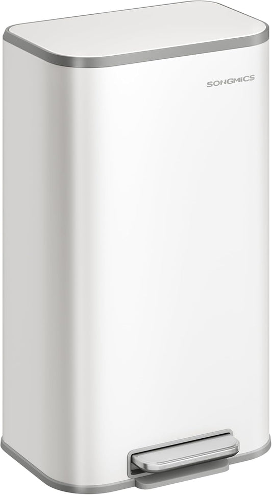 SONGMICS Kitchen Trash Can, 8-Gallon (30 L) Garbage Can with Lid, Stainless Steel, Soft Close and Stays Open, Inner Bucket, Wide Non-Slip Pedal, Cloud White ULTB546W01