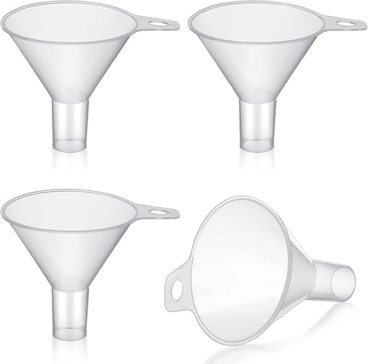 4 Packs Small Plastic Funnel for Filling Small Bottles 2.56 Inch Clear Wide Mouth Plastic Funnel for Filling Water Powder Essential Oils Perfumes Kitchen Bath Garage Use