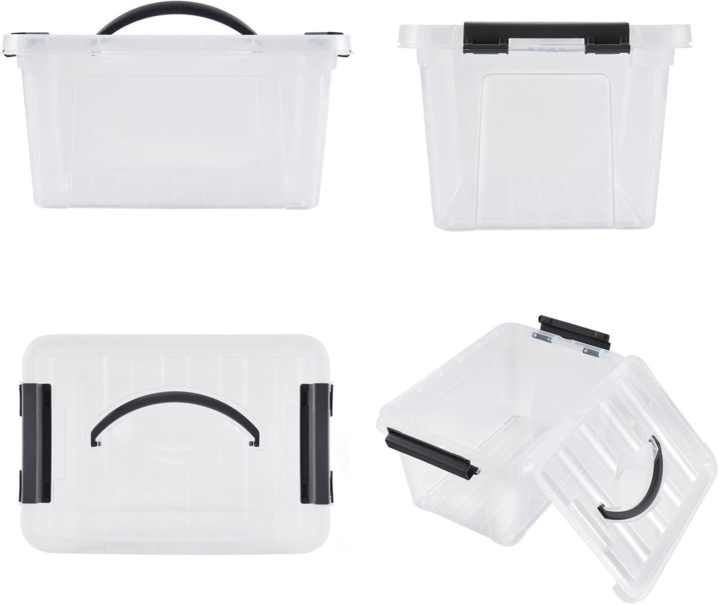 6 Quart Plastic Stackable Storage Latch Bins,Clear Latching Box with Handle and Lid,Pack of 6 (Black Handle)