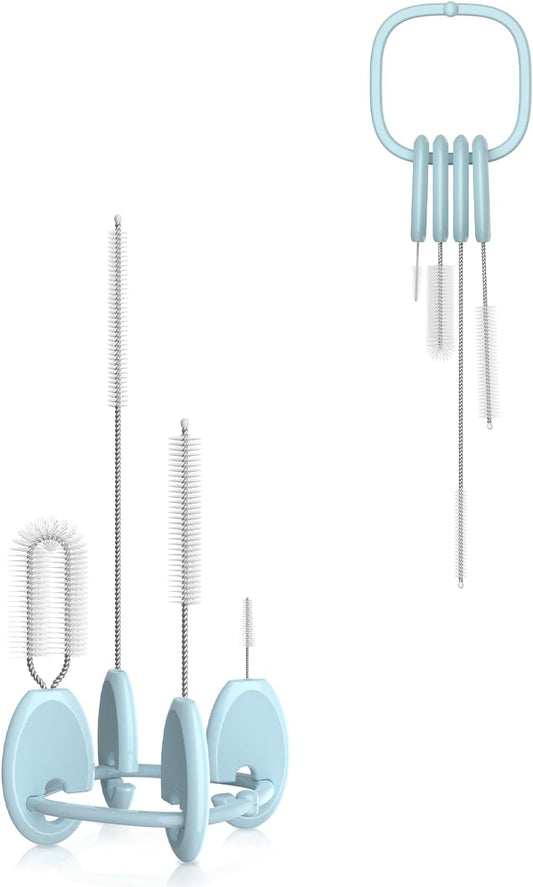 YOTIME Standing Straw Cleaner Brush Set, 4in1 Reusable Straw Brushes with Holder Ring, for Baby Bottles, Sippy Cups and Lids, Blue