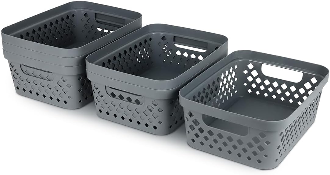 Glad Plastic Storage Basket Set, Value Pack of 6 | Open Storage Bins for Shelves, Bathroom, Pantry, Closet | Nesting Organizer Boxes with Handles, 2 Gallon, Grey
