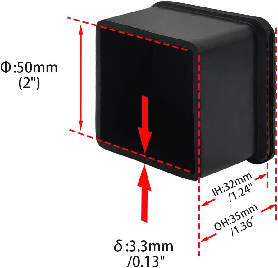 Flyshop Heavy Duty Non-Slip Rubber Leg Tips Floor Protectors Square Chair Leg Caps 50 x 50 mm, 2" x 2", Black, 20PCS