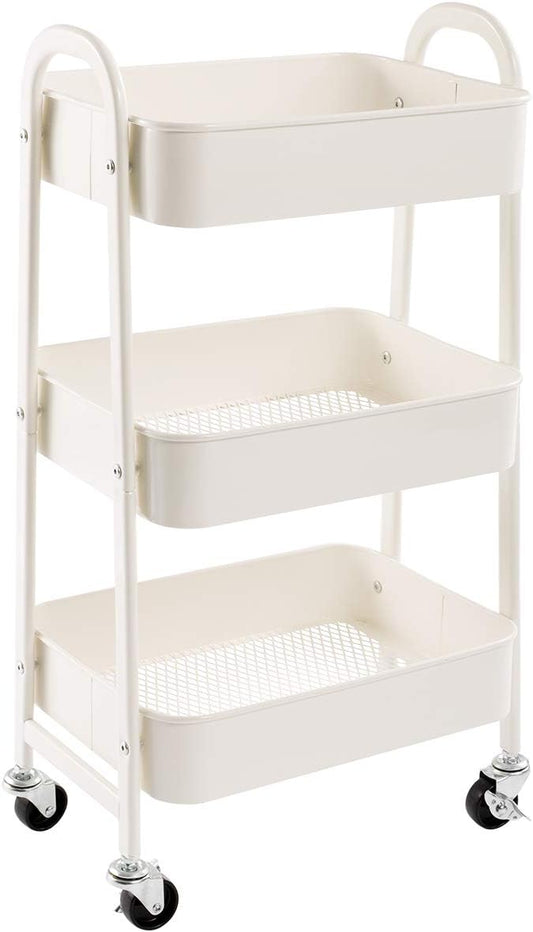 AGTEK Makeup Cart, Movable Rolling Organizer Cart, White 3 Tier Metal Utility Cart