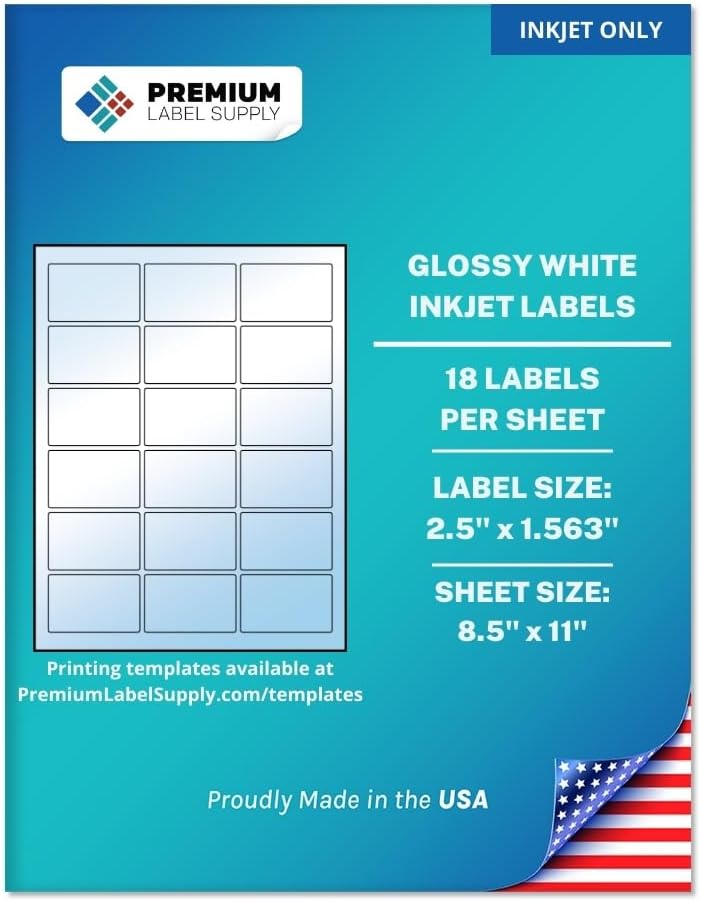 Premium Label Supply Glossy White Sticker Labels – 2.5" x 1.563" – (18 per Sheet) (Glossy White for Inkjet Only, 450 Labels)
