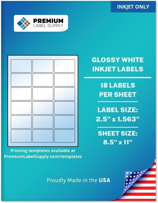 Premium Label Supply Glossy White Sticker Labels – 2.5" x 1.563" – (18 per Sheet) (Glossy White for Inkjet Only, 450 Labels)