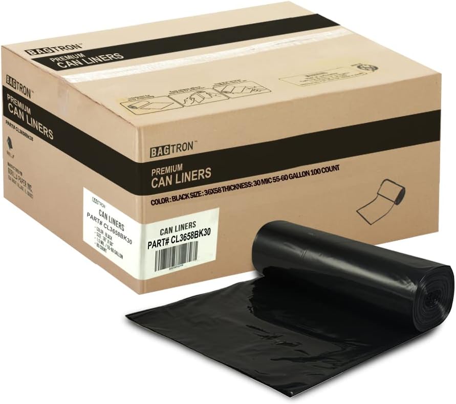 55-60 Gallon Trash Bags, 30 Micron Heavy Duty Pure LDPE Garbage Can Liners, 36" x 58" Large, Black, 100 Count