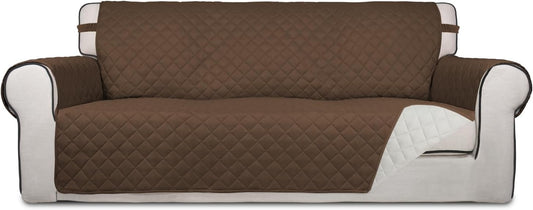 PureFit Reversible Quilted Sofa Cover, Water Resistant Slipcover Furniture Protector, Washable Couch Cover with Non Slip and Elastic Straps for Kids, Dogs, Pets (Oversized Sofa, Coffee/Ivory)
