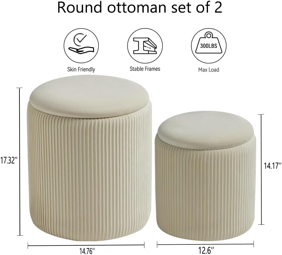 Round Ottoman with Storage Set of 2-Upholstered Velvet Vanity Stool for Makeup Multifunctional Ottomans Coffee Table Padded Seat Foot Rest for Living Room&Bedroom (White-Upgrade Tray Lid)