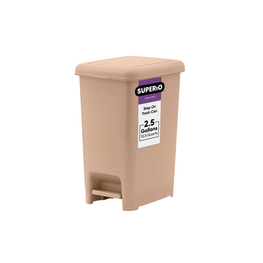 Superio 2.5 Gal Slim Step On Pedal Plastic Trash Can, Waste Bin for Under Desk, Office, Bedroom, Bathroom- 10 Qt, Beige