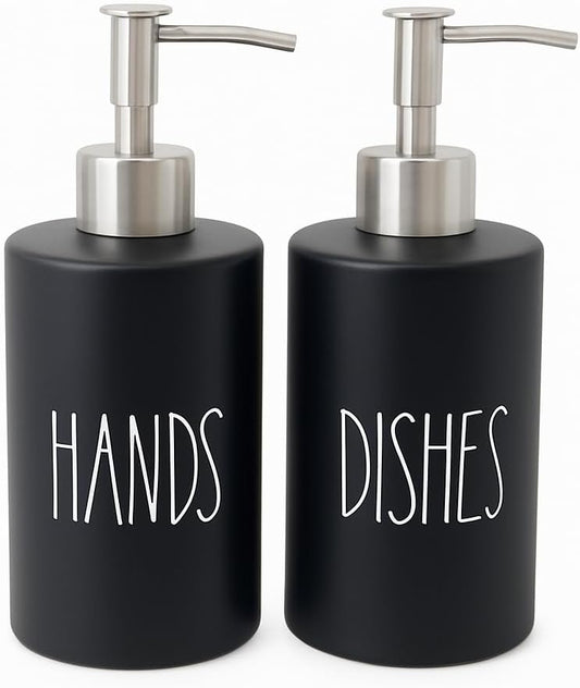 Modern Farmhouse Ceramic Dishes and Hands Soap Dispenser Set for Kitchen | Stainless Steel Pumps | 14oz, Black Bottles | Kitchen Décor for Counter