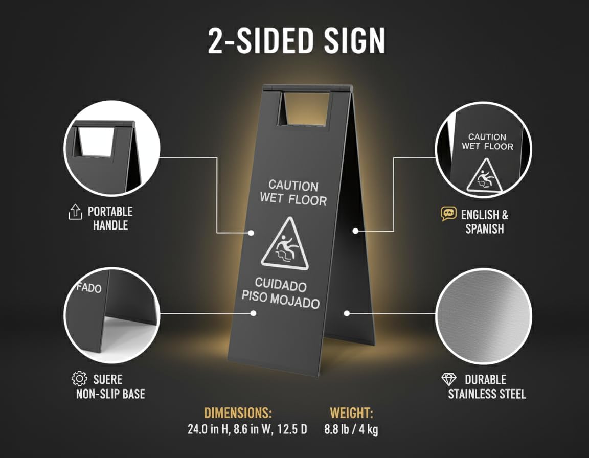 2 Pcs Wet Floor Sign, 24 Inch Black Stainless Steel Caution Wet Floor Sign Double Sided Foldable Bilingual Commercial Safety Warning for Hotel Market Restroom Restaurant Office