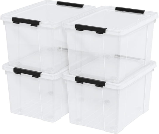 4-Pack Plastic Storage Bins with Lid, Latching Stackable Utility Tote, 35 Quart, Clear