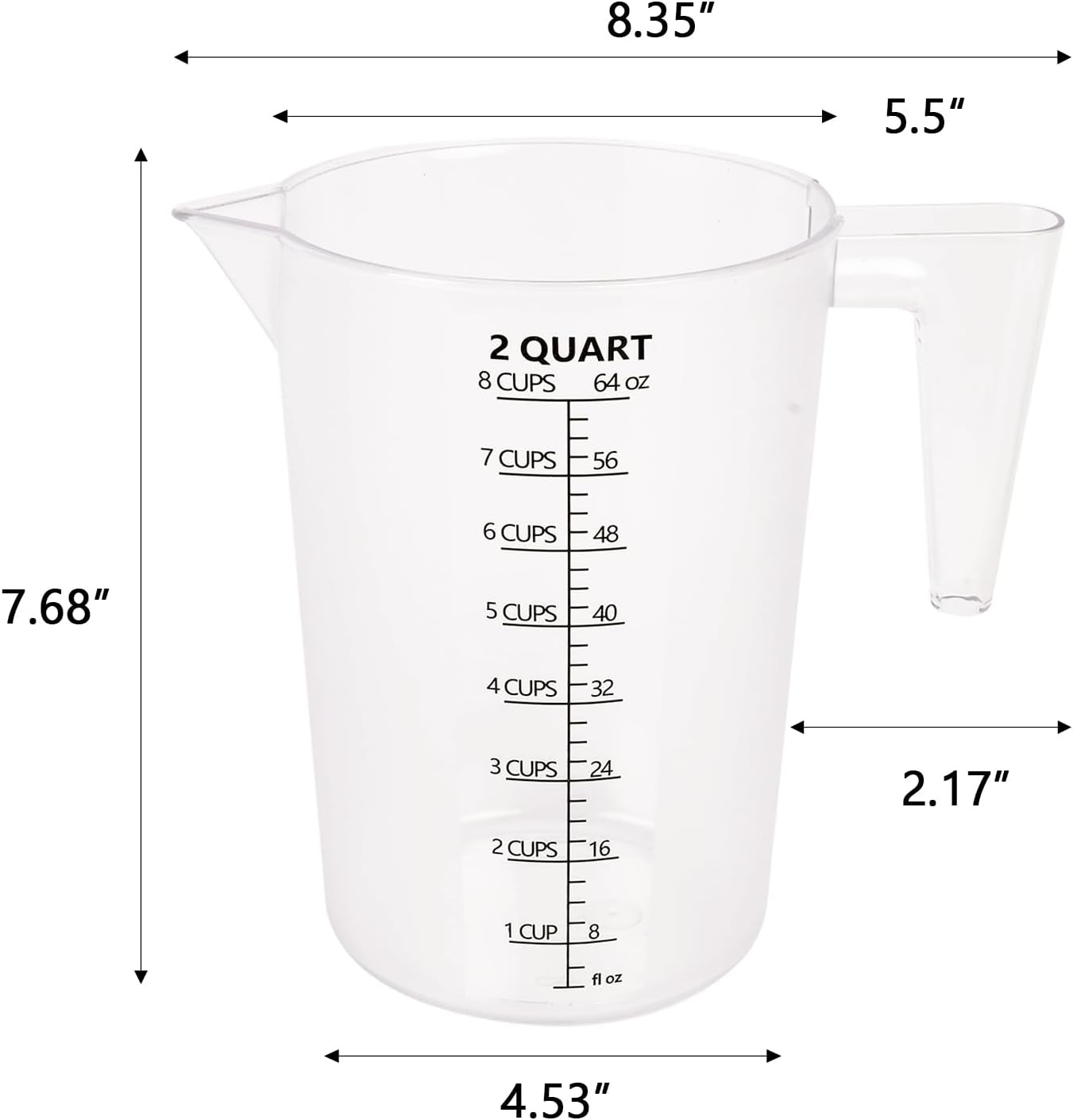 Food-Grade Plastic Measuring Pitcher – 64 Ounce & 8 Cups Measuring Cups with Handle for Liquid, Motor Oil, Pool & Lawn Chemicals, Dilution, Soap Mixing, Brewing, Commercial & Kitchen Use(2000ml)