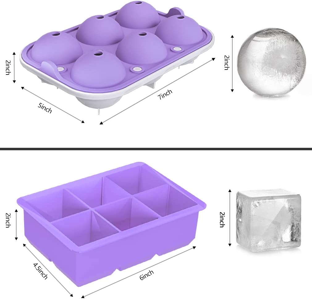 ROTTAY Ice Cube Trays (Set of 2), Sphere Ice Ball Maker with Lid & Large Square Ice Cube Maker for Whiskey, Cocktails and Homemade, Keep Drinks Chilled Purple
