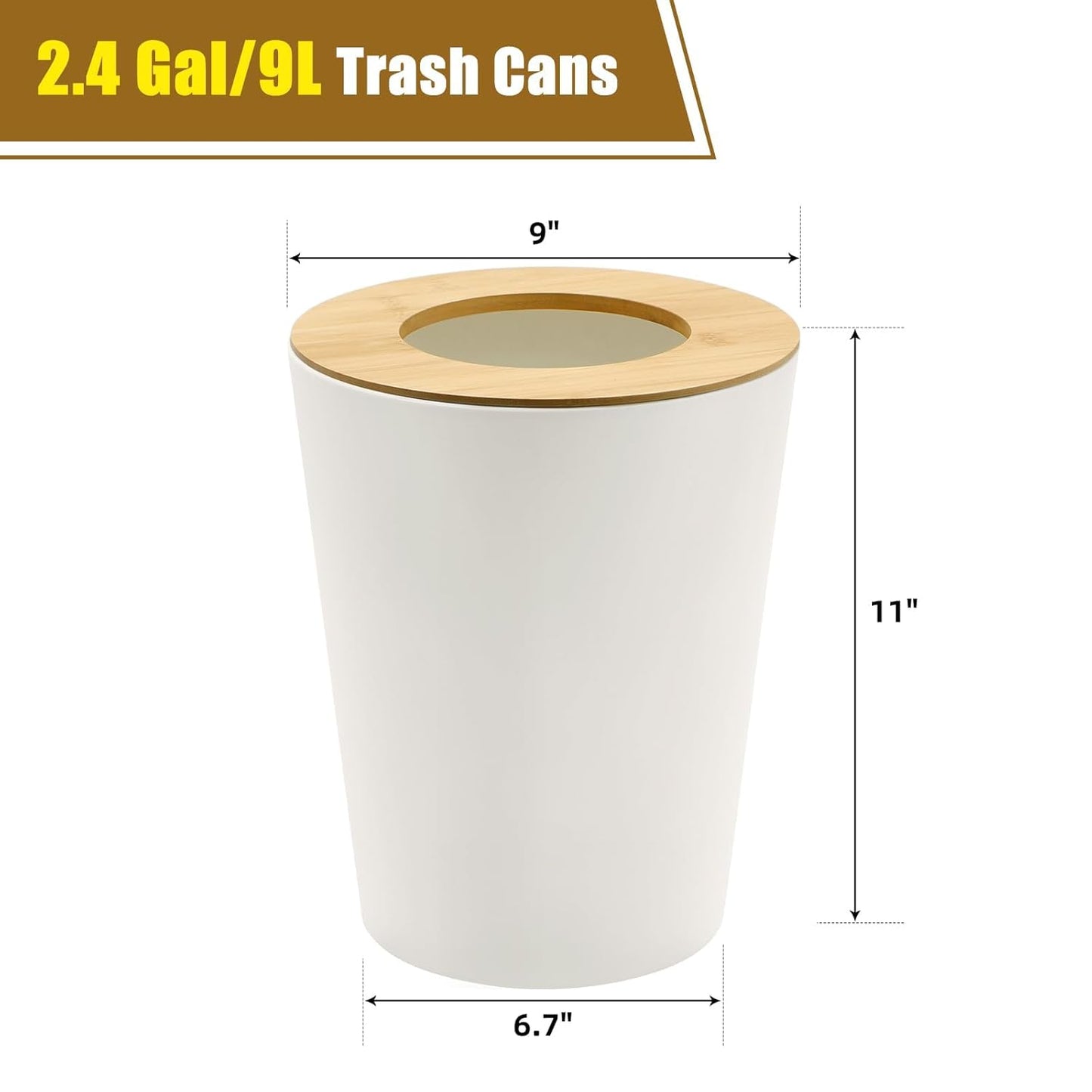 White Trash Can for Bedroom with Bamboo Lid, 2.4 Gallon Open Top Trash Can 3 Pack, Modern Aesthetic Garbage Can for Room Office Living Room, Small Bathroom Trash Bin Boho Style