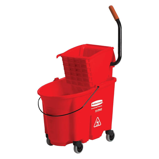Rubbermaid Commercial Products WaveBrake 35 QT Side-Press Mop Bucket and Wringer Combo on Wheels Red for Heavy-Duty Floor Cleaning