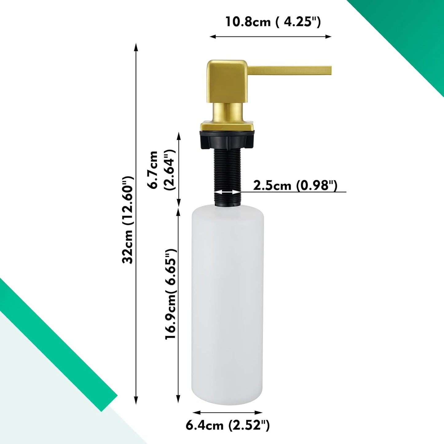 CREA Brushed Gold Soap Dispenser for Kitchen Sink, Kitchen Soap Dispenser Gold Square Built in Sink Soap Dispenser for Bathroom with 17 OZ Bottle