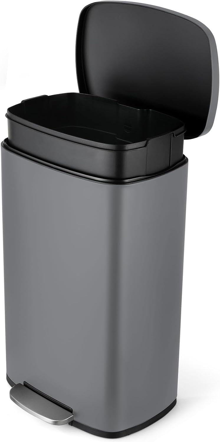 8 Gal Kitchen Trash Can, 30L Recycling or Garbage Bin, Brushed Stainless Steel Waste Basket, Soft&Quiet Close Dustbin, with Step-On Pedal, Removable Inner Bucket, for Home, Office, Living Room