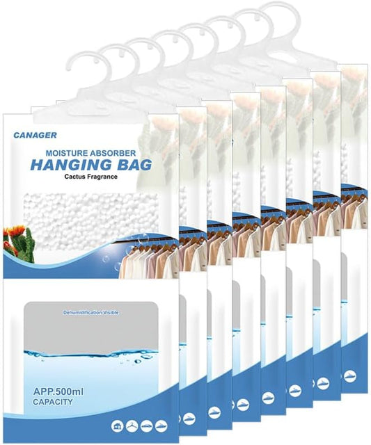 CANAGER Hanging Moisture Absorber, Cactus Fragrance Moistureproof Hanging Bag, Dehumidifier Bag (8 packs) Hanging Closet Dehumidifier Bags, Moisture Absorb 12.5 oz.