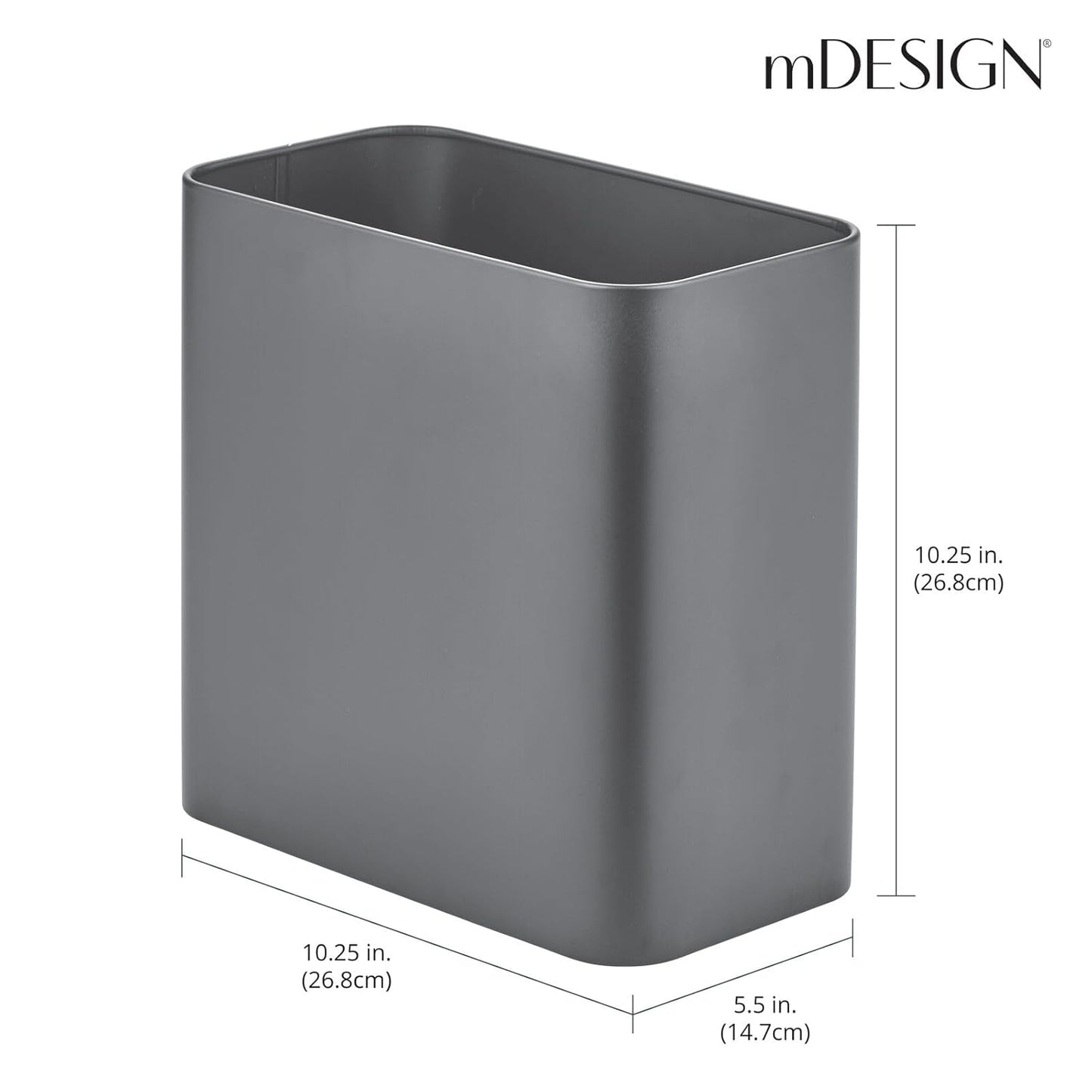 mDesign Small Metal 2.4 Gallon/9 Liter Trash Can Wastebasket Garbage Bin for Bathroom, Slim Rubbish Waste Bin Trashcans for Master/Guest Bath, Mirri Collection, Graphite Gray