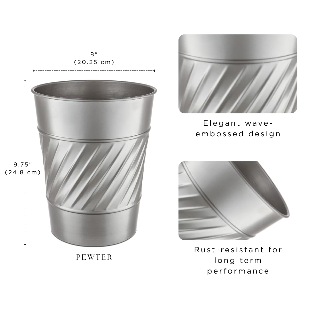 Monarch Abode Pewter Handcrafted Wave Embossed Metal Wastebasket for Home Office, Decorative Waste Basket, Modern Bathroom Garbage Can, Durable & Decorative Trash Bin, Pewter Bathroom Trash Can