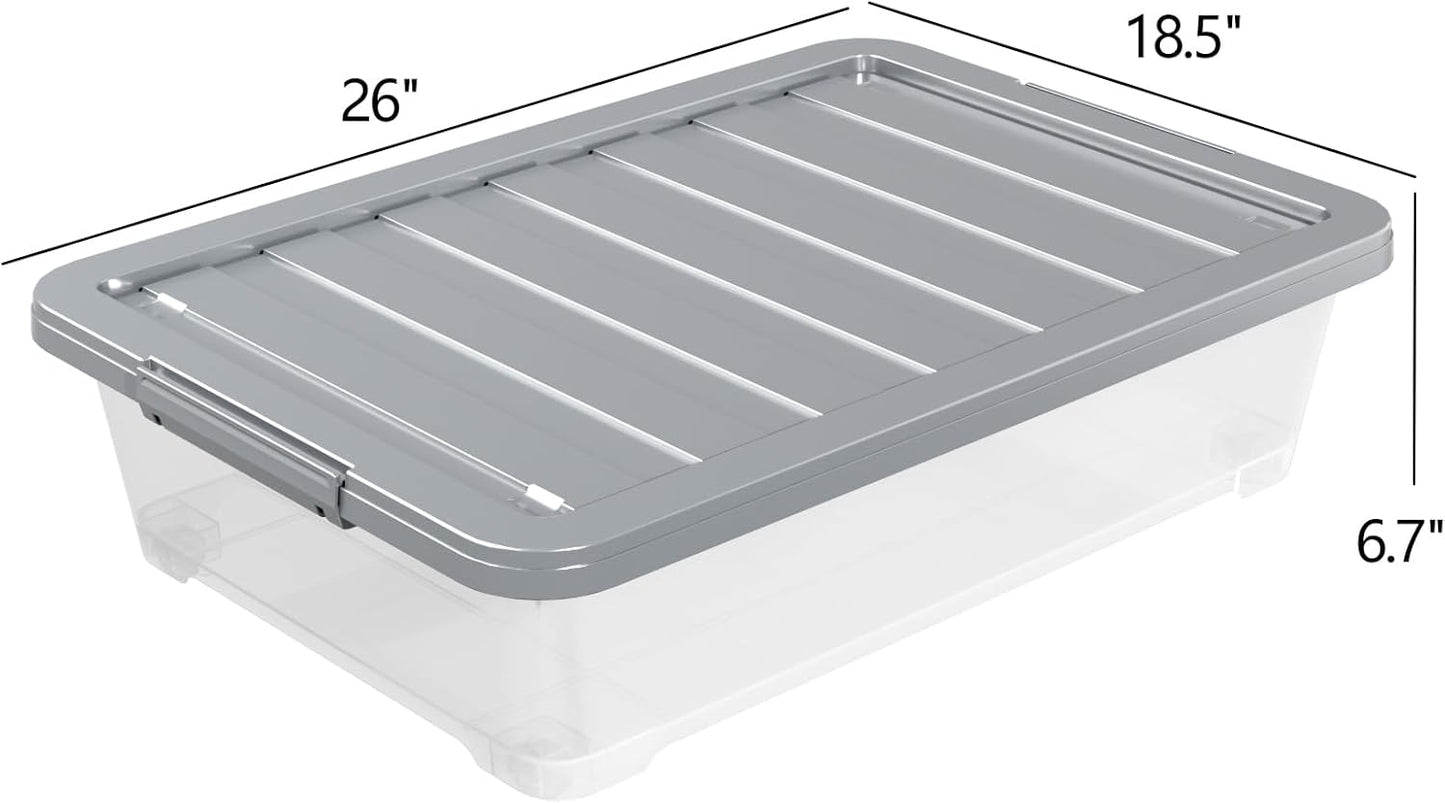 Readsky 3 Packs Large Clear Wheeled Latching Box, 40 L Plastic Underbed Storage Box with Gray Lid