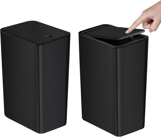 TIPGO Bathroom Trash Can with Lid, 10 Liter/ 2.6 Gallon Slim Garbage Can, Small Trash Bin Waste Basket with Pop-Up Lid for Kitchen, Bedroom, Living Room, Office (2 Pack, Black)