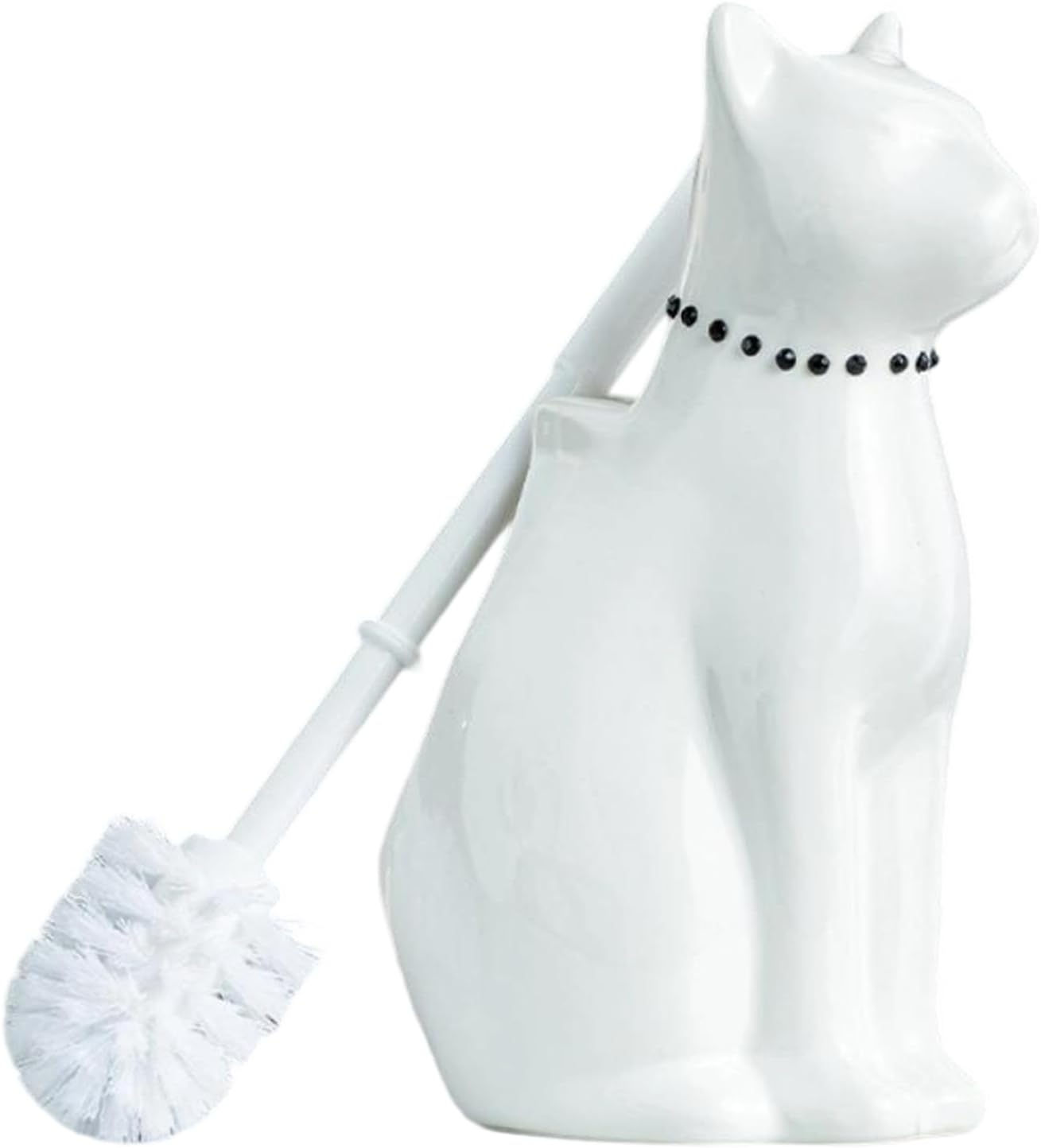 Comeon Ceramic Cat White/Black Toilet Brush and Holder Set, Plastic Handled Scrub Brush for Bathroom Cleaning,10.63"*6.3" (White)