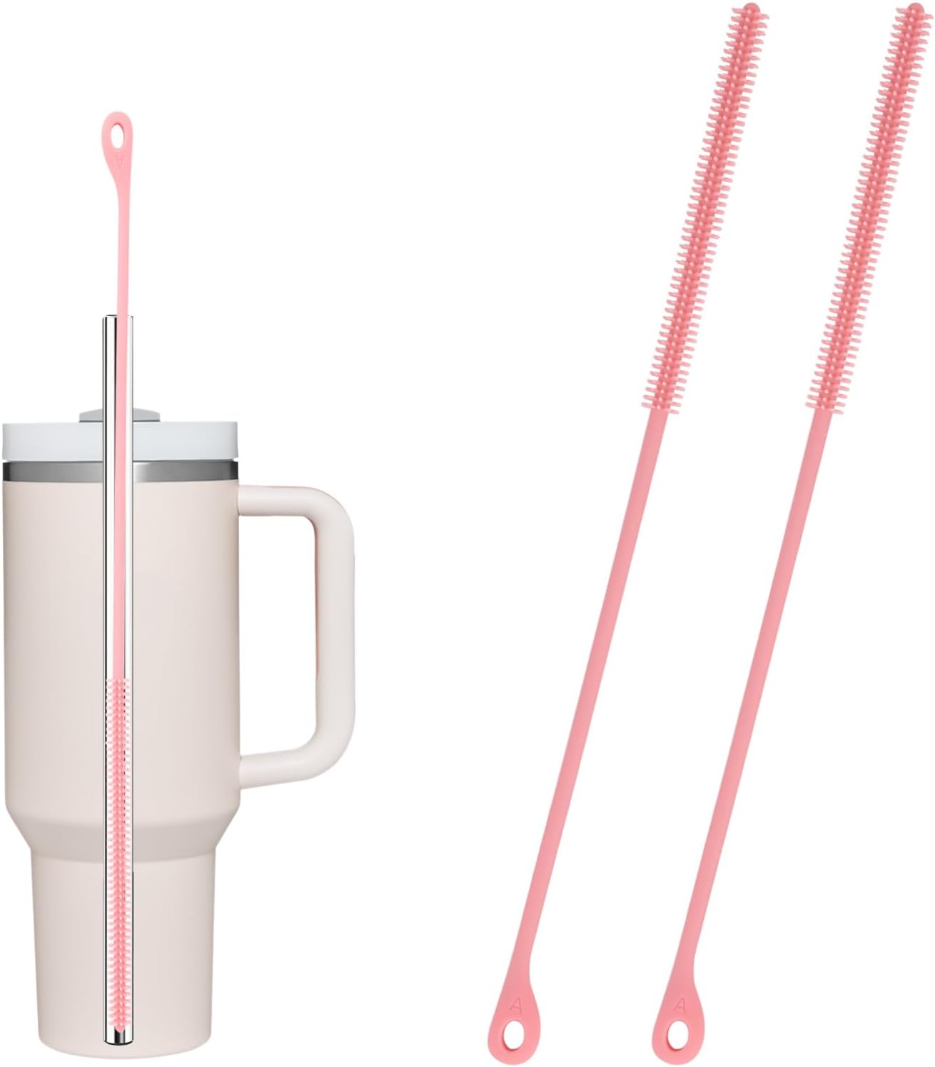 2pcs Silicone Straw Cleaner Brush, 9.5in Extra Long Reusable Straw Brush for Stanley, Metal, Glass Straws, Bendable Travel Drinking Bottle Lid Cleaning Tool for Crevice Pipe Tube (Pink)