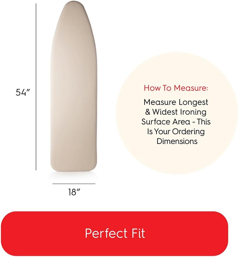 TIVIT Ironing Board Cover - Made in Italy - 18 x 54 Wide Chemical Free Eco-Friendly Padded Covers - Unbleached, Untreated Natural Cotton & Wool Pad - 2 Layer, 3 Fastener Straps, Pull Bungee Cord