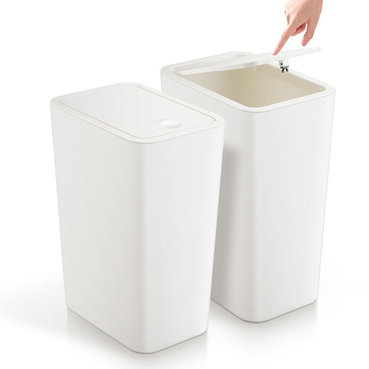 TIPGO Bathroom Trash Can with Lid, 4 Gallon / 15 Liter Small Garbage Can, Press Top Bin, Plastic Wastebasket with Pop-Up Lid for Bedroom, Living Room, Office (White, 2 Pack)