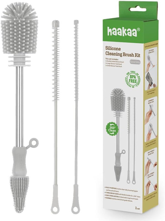 Haakaa Silicone Cleaning Brush Kit – Household Cleaning Brushes for Bottles and Crevices – Food-Grade Silicone: Dishwasher Safe (Kit-Grey)