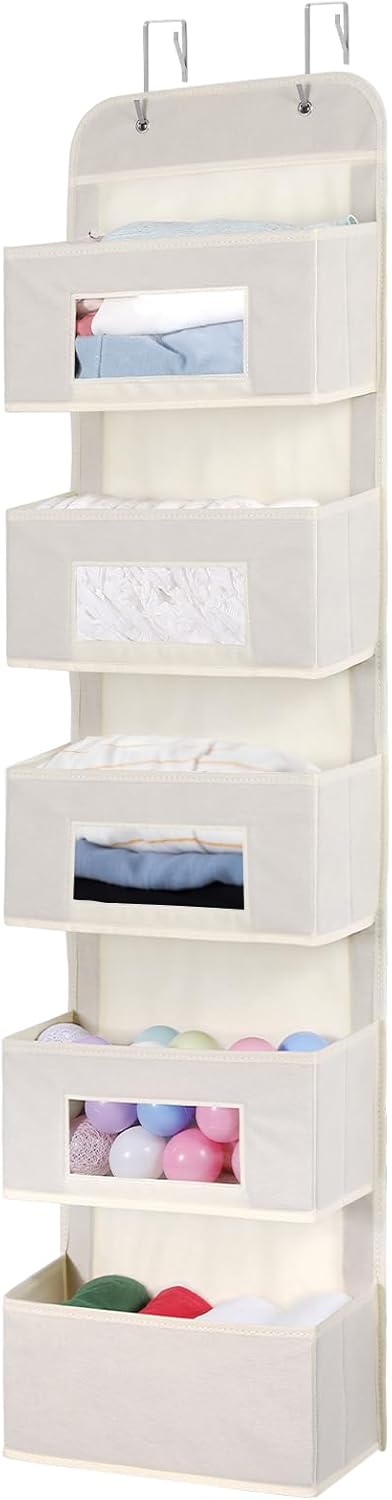 MAX Houser 5-Shelf Over The Door Hanging Organizer with 2 Metal Hooks, 5 Pocket Over The Door Wall Mount Storage with Clear Windows for Baby Nursery Bathroom Closet,Bedroom,Dorm,Diapers,Kids(Beige)