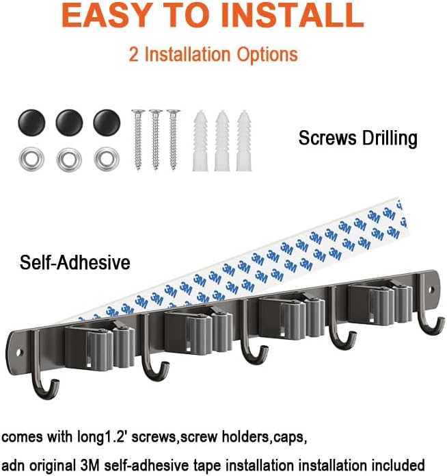 Amouy Broom Holder Wall Mount Mop(2 Racks with 3 Hooks),Garden Tool Storage Tool Rack Storage & Organization for the Home Plastic Hanger for Closet Garage Organizer