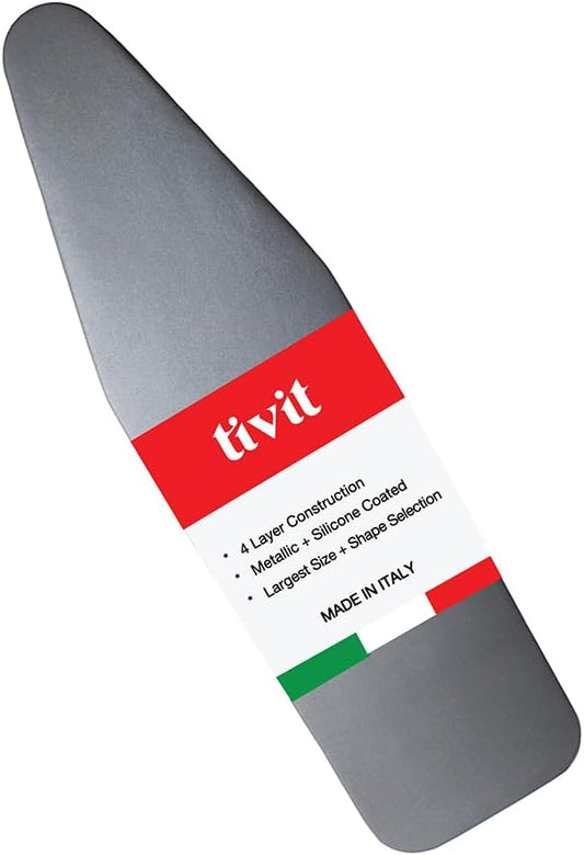 TIVIT Ironing Board Cover 13 x 34, Made in Italy. Pro Grip Pad Covers w/3 Fastener Straps & Pull Bungee Cord - Durable Scorch & Stain Resistant Padded Layers, Heat Reflective AlumiTek PRO Top Coat