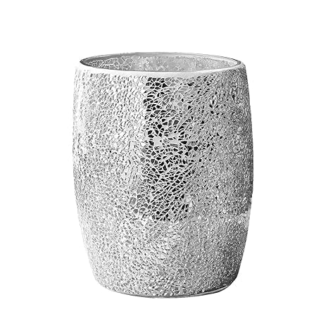 Escenzy Modern Bathroom Trash Can Silver Mosaic Glass 5L | 7" x 10" | Luxury Waste Basket for Restroom, Bedroom, Office & Kitchen | Decorative Small Garbage Can | Silver Glitter Bathroom Accessories