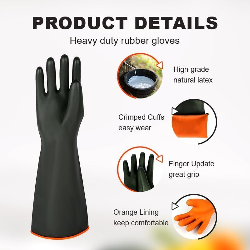North Tower Heavy-Duty Latex Chemical Resistant Gloves - Reusable Long Rubber Dishwashing Gloves with Forearm Protection for Men - Waterproof, Industrial Safety Gear,18“，2 Pair