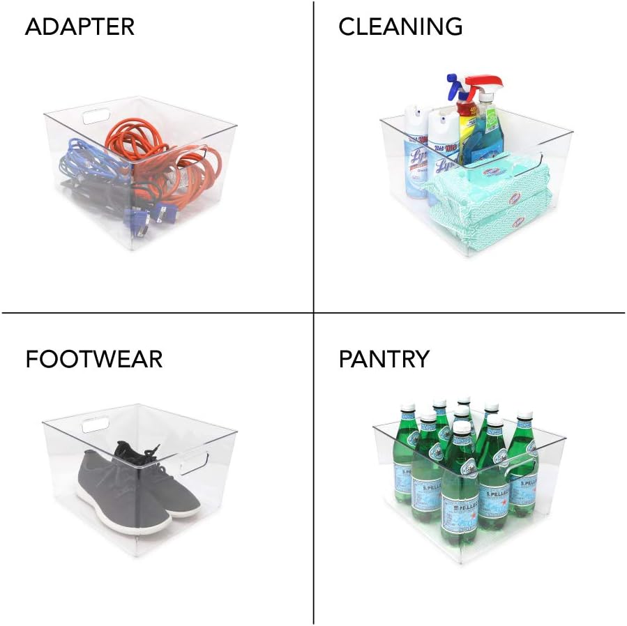 Isaac Jacobs 3-Pack XL Clear Storage Bins with Handles, Plastic Organizer for Office, Home, Kitchen, Pantry, Closet, Kids Room, Cube Shelf, Non-Slip Container Set (3-Pack, Extra-Large)