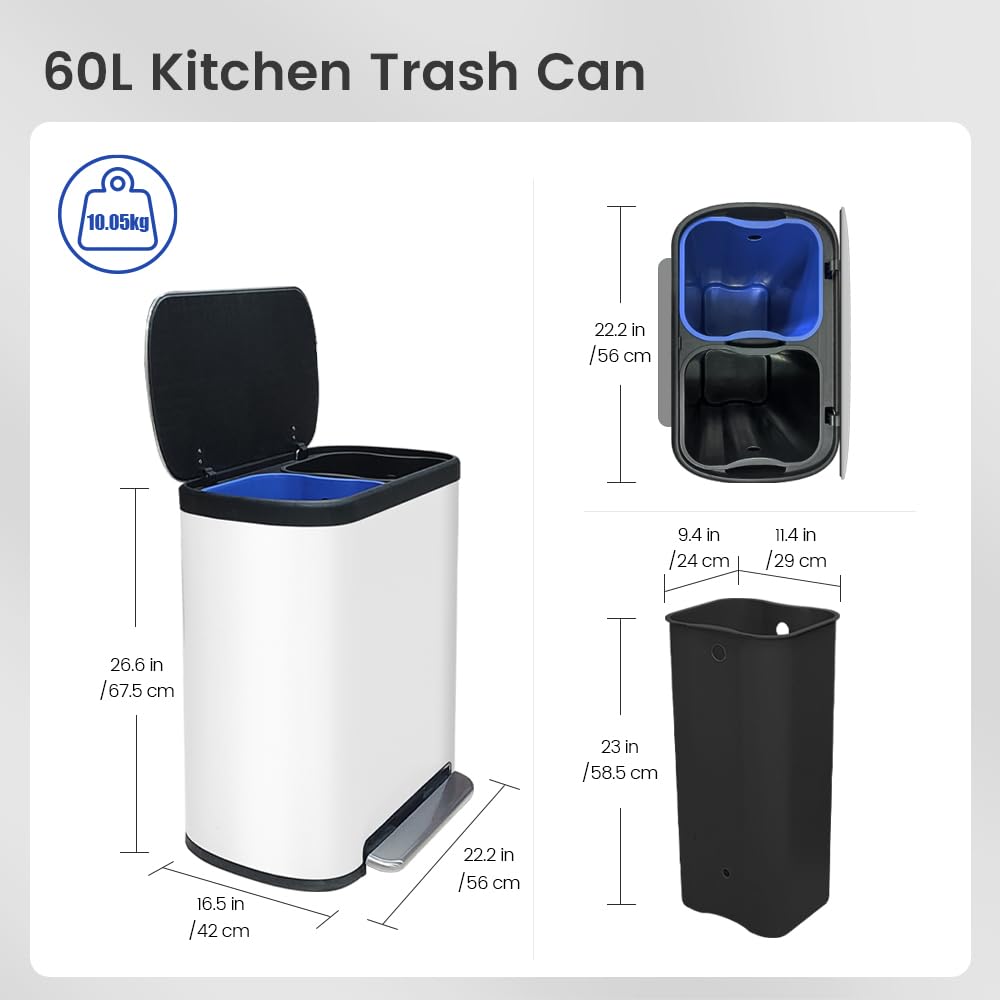 16 Gallon Dual Trash Can, Kitchen Recycling Bins with 2 x 8 Gallon Compartments, 2 Plastic Removable Liners, Soft-Close Lid, Stainless Steel Step Trash Can, White