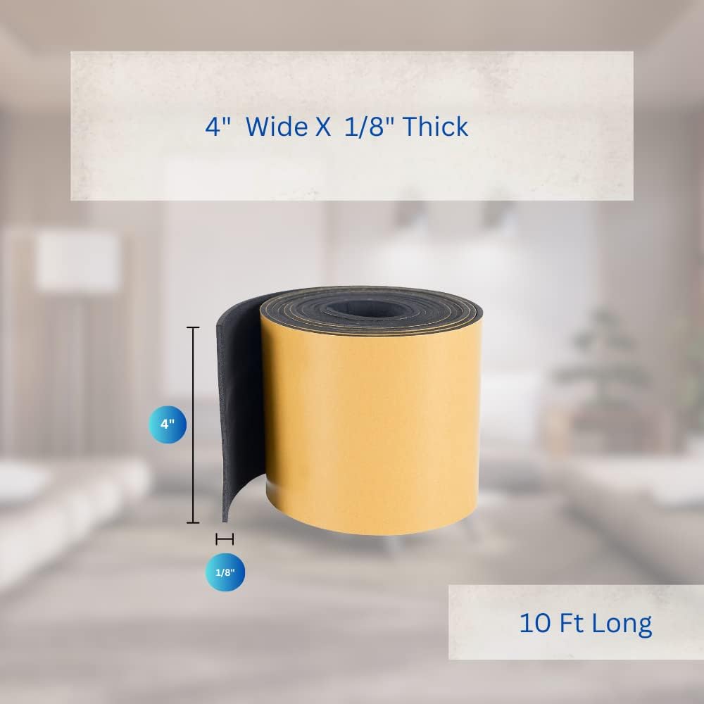 High Density Foam Weather Stripping Door Seal Strip Insulation Tape Roll for Insulating Door Frame, Window, Air Conditioner | Self Adhesive Sealing Weatherstrip (4 in x 1/8 in x 10 Ft, Black)