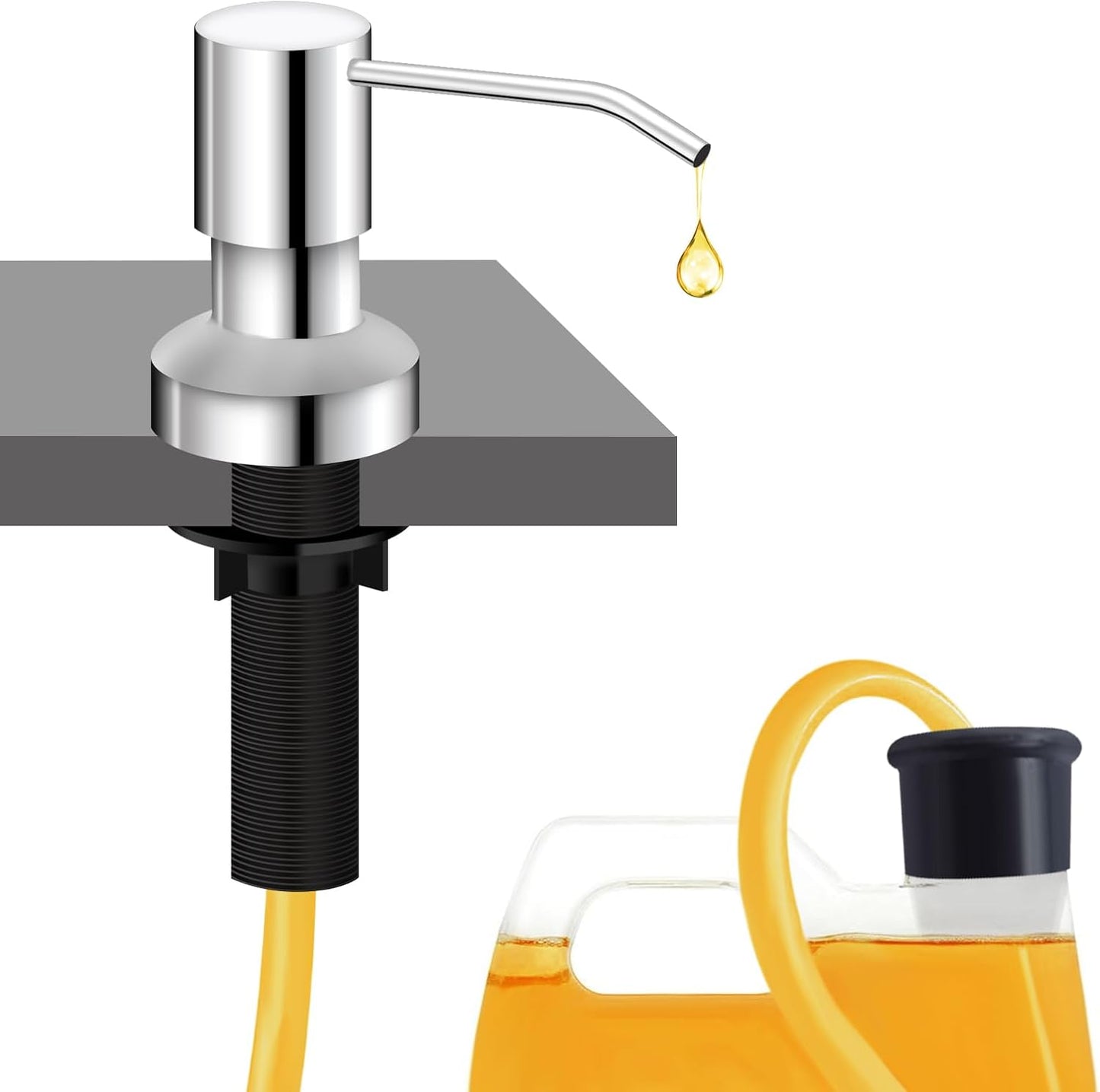 Sink Soap Dispenser for Kitchen Sink, Countertop Built in Sink Soap Dispenser with 47” Extension Tube kit, No Need to Fill The Little Bottle Again (Chrome)
