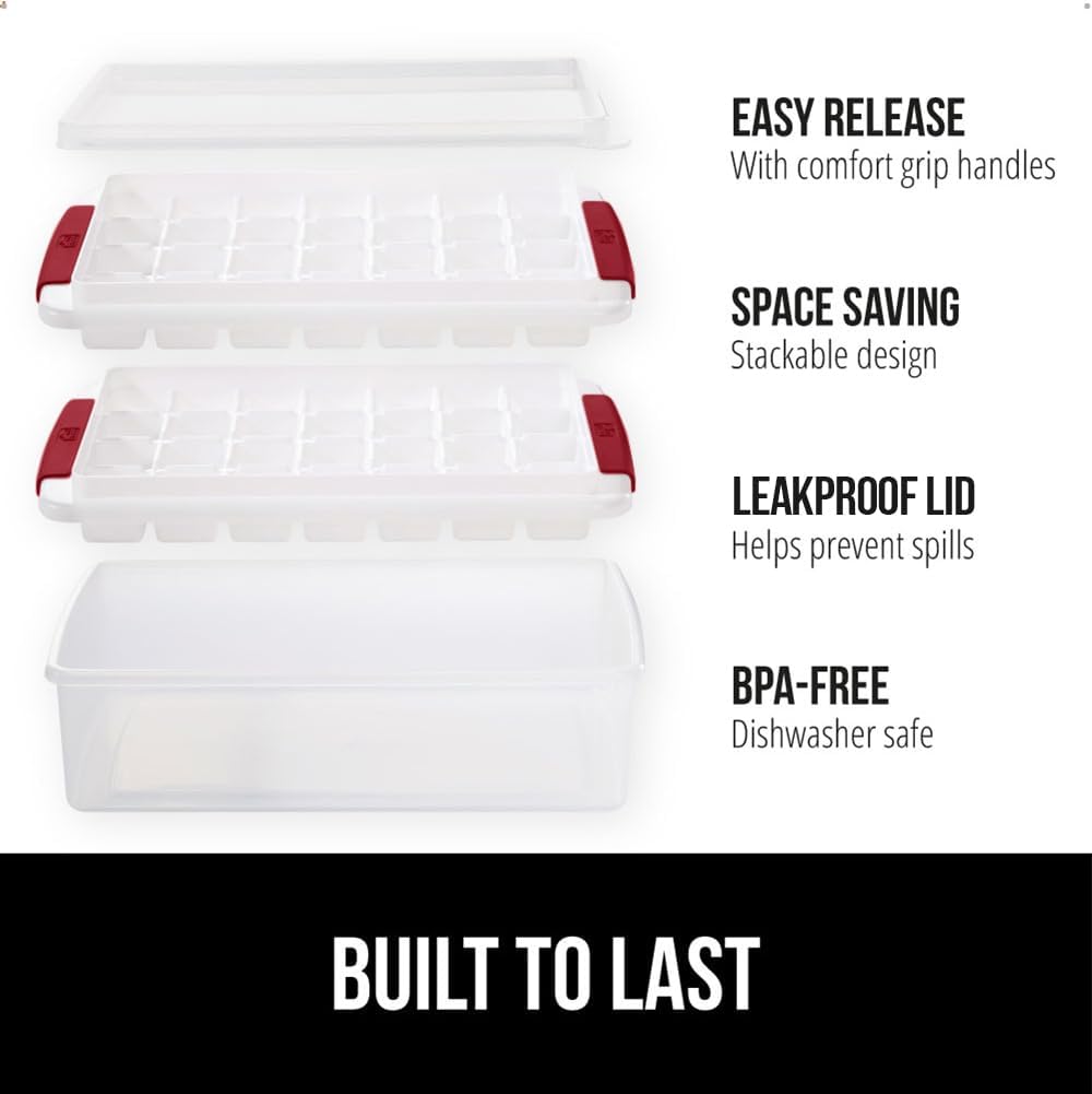 GORILLA GRIP Stackable Ice Cube Tray and Bucket Set for Freezer, Includes 2 Trays with Lid and Scooper, Easy Release, Makes 56 Cubes for Cocktail Soda Coffee, Leak Proof Bin Kit, Kitchen Tools, Red