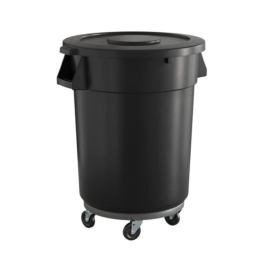 32 Gallon Black Round Commercial Trash Can with Lid and Dolly