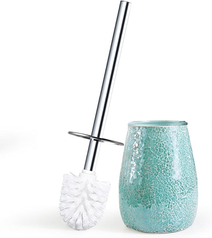 Escenzy Turquoise Green Toilet Brush and Holder Set Mosaic Glass | Non-Rustic Stainless Steel | Practical & Decorative Toilet Bowl Brush and Holder | Luxury Green Bathroom Accessories
