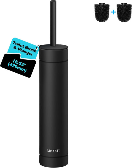 Stainless Steel Toilet Brush with Holder, 2 Black Bristle Heads