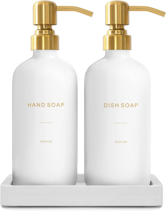 Gold Soap Dispenser Set, Glass Soap Dispenser with Stainless Steel Pump, Perfect for Modern Kitchen Counter Decor. (Gold)