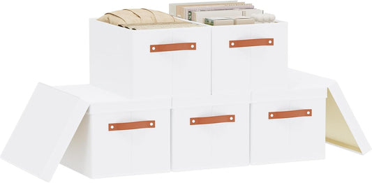 Fabric Storage Bins, Clothes Boxes for Shelves with Lids, 5 Pack Baskets for Organizing with Handles, Decorative Linen Closet Organizers, White, 16.5 x 11.8 x 10.2 Inch