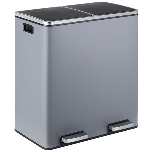 16 Gallon Rectangular Stainless Steel Trash Can, Dual Compartment Garbage Bin with Recycling Combo, Metal Dustbin Lid, Removable Liner, Indoor Hands Free Waste Bucket for Kitchen Home