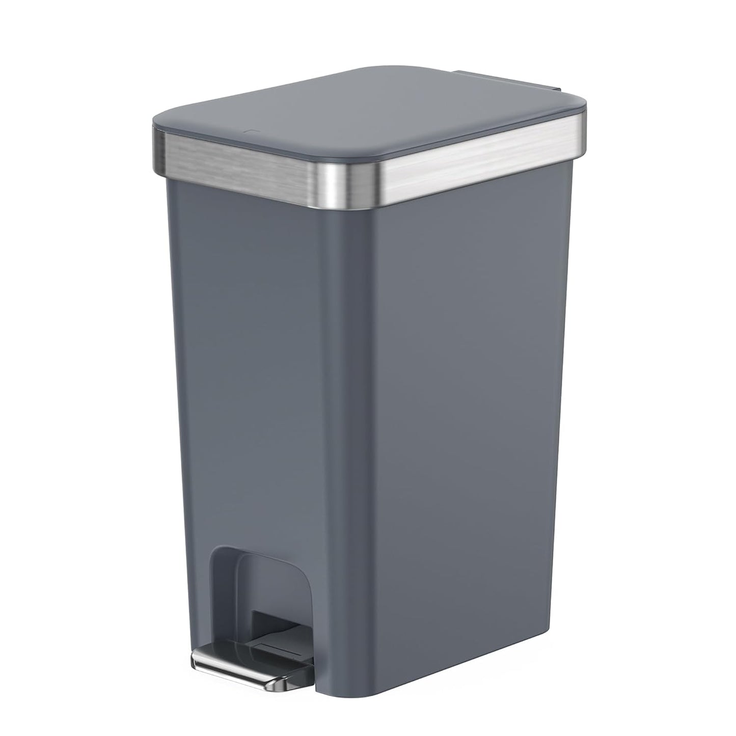 Small Bathroom Trash Can with Lid Soft Close, 10 Liter/2.6 Gallon Slim Garbage Can-Metal Step and Press top Lid, Mini Modern Waste Basket for Toilet, Office, Bedroom,Dorm,Dark Gray